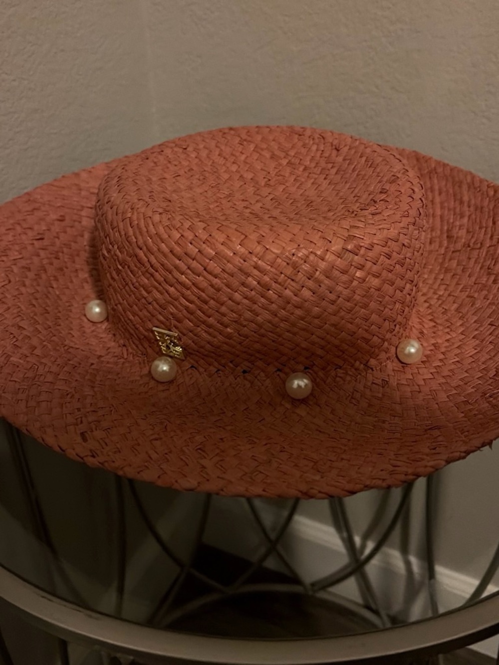 Straw Sun Hat with Pearl Accents - Coral